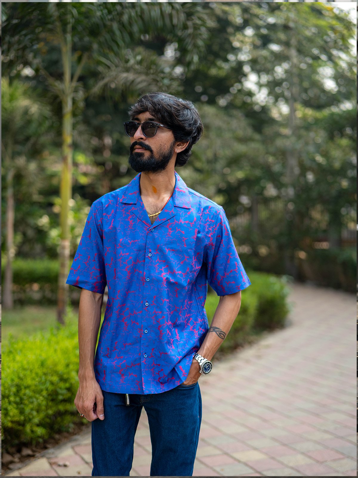 Blue Shirt - Blue Abstract Party Wear Print Short Sleeve Shirt