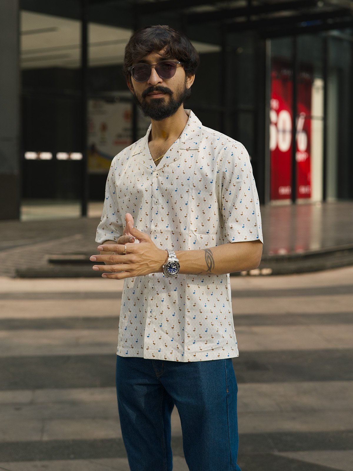 Beige Anchor Print Cuban Collar Short Sleeve Shirt - Party Wear Shirt