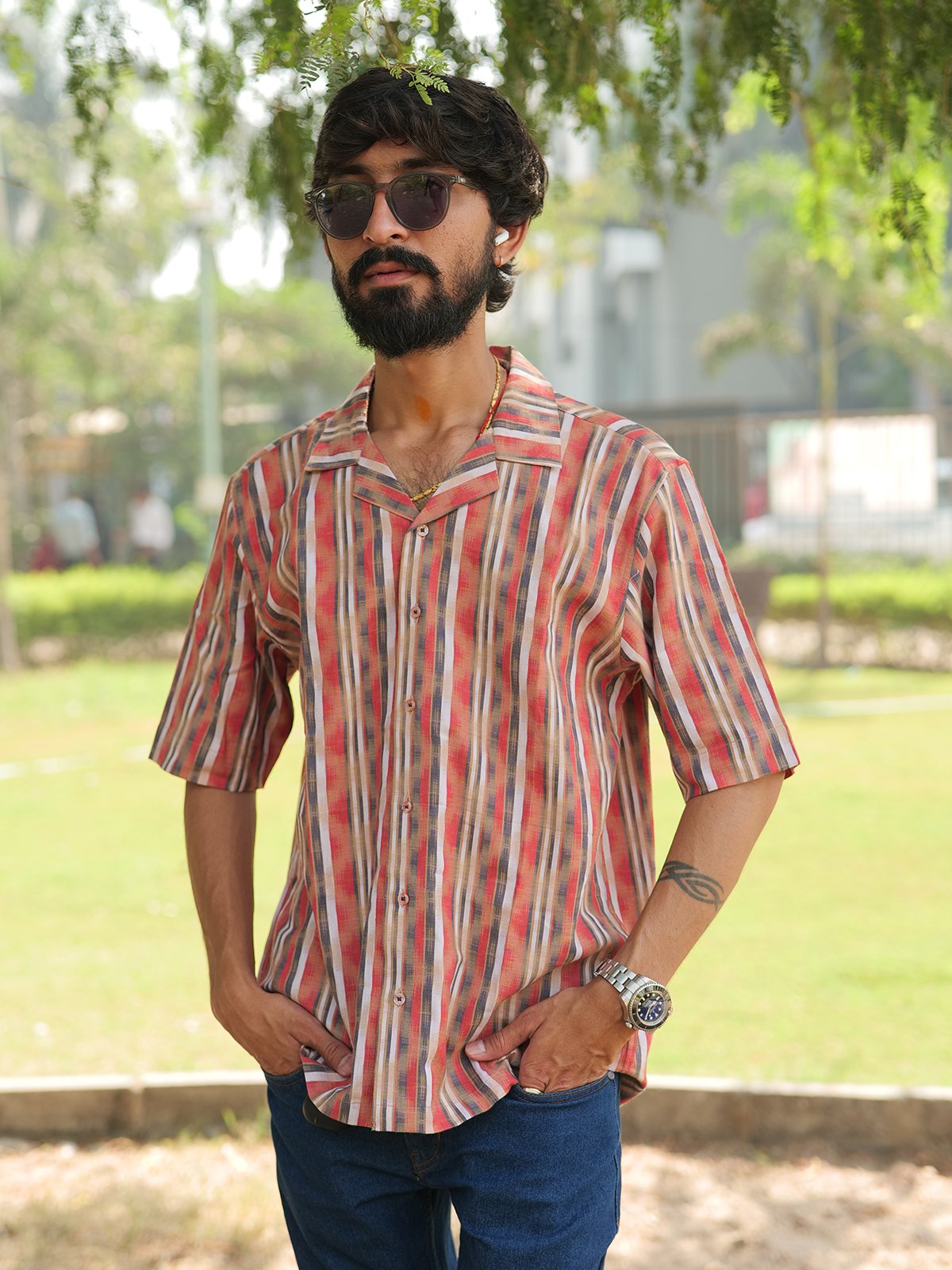 Multicolor Shirt: Vertical Stripe Cuban Collar Shirt