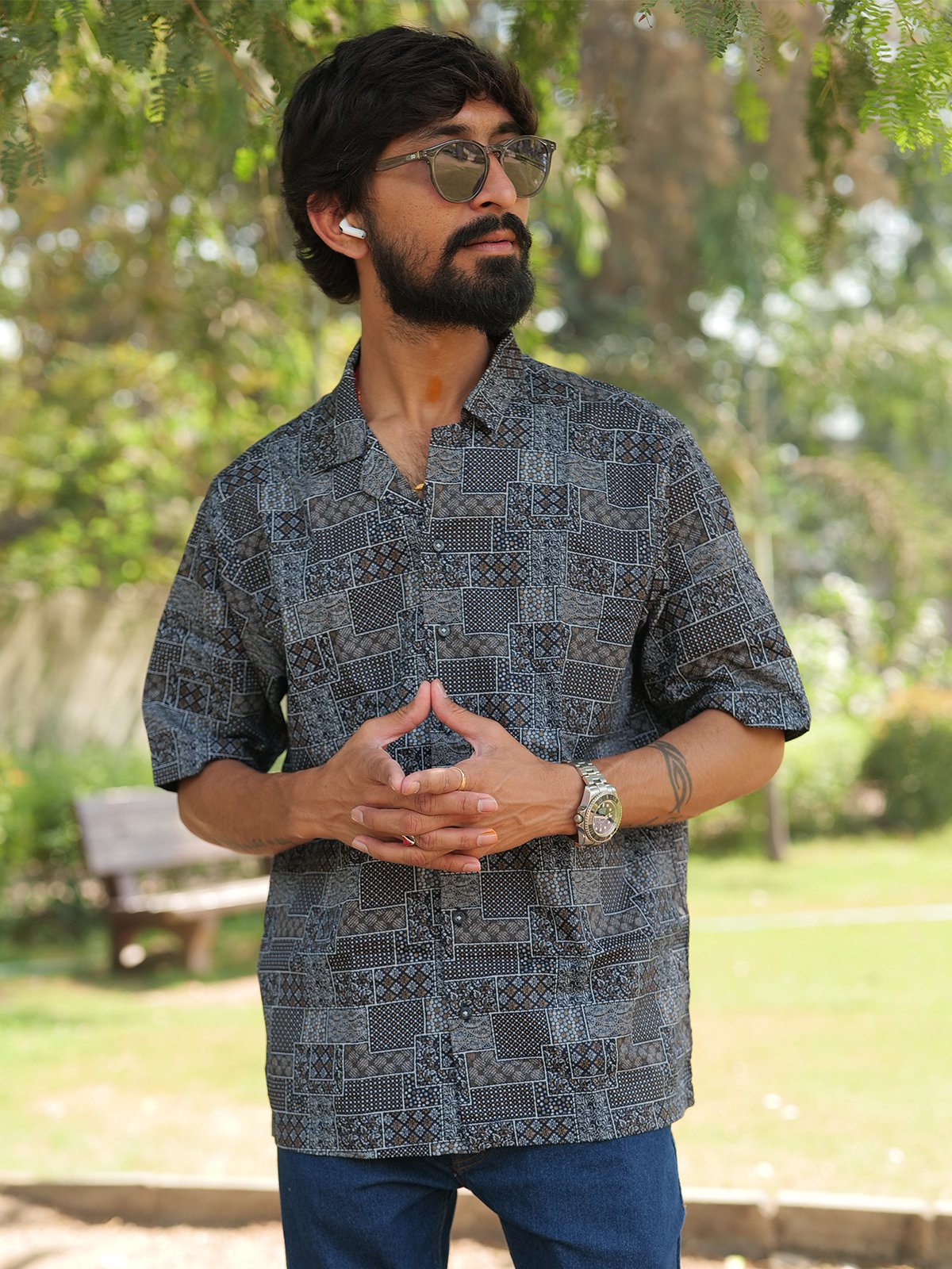 Men’s Grey & Black Color Geometric Print Short Sleeve Cuban Collar Shirt