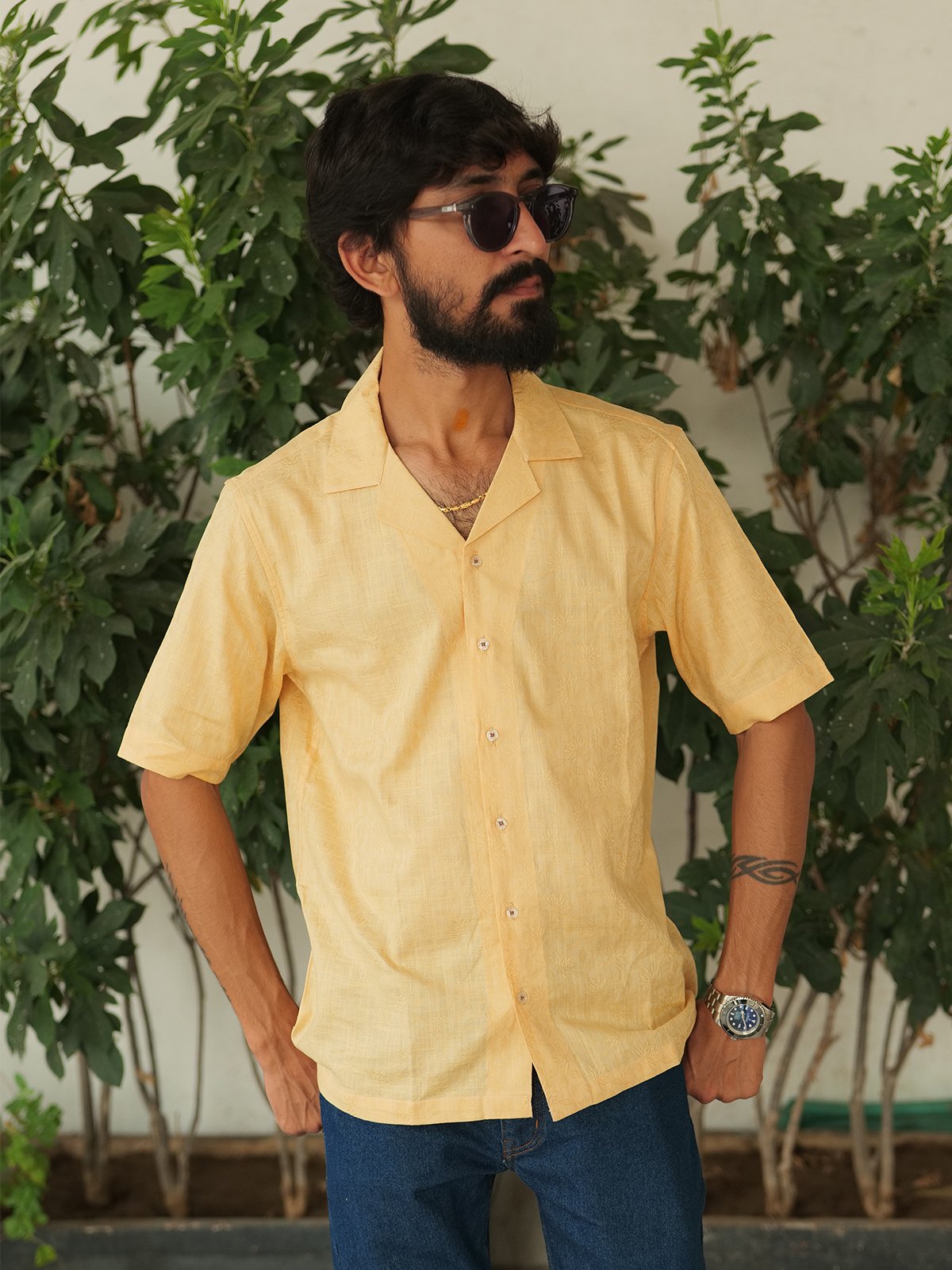 Pastel Yellow Color: Cuban Collar Party Wear Short Sleeve Shirt